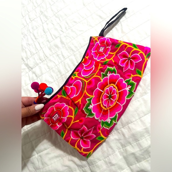 Floral Embroidered Clutch with Pom Poms - Picture 2 of 6